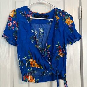 Vibrant Floral Wrap Blouse in Blue